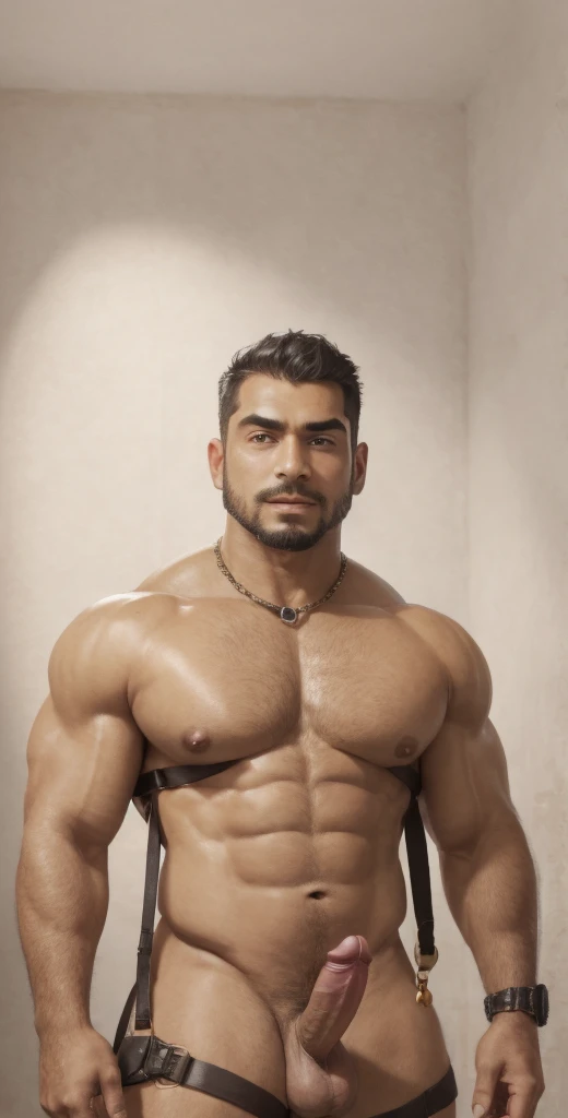 1boy, indian, solo, facial hair,84 yrs old, dom, male focus, flaccid penis, bald head, pectorals, bara, muscular, mature male, muscular male, abs, beard, ring nipples, chest harness, short hair, navel, stomach, large pectorals, thick eyebrows, bare pectora...