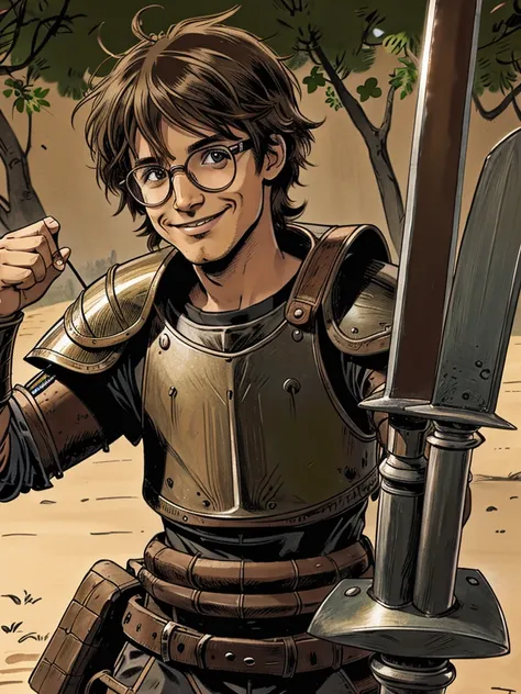 shaggy brown hair nerd kid wearing knight armor, happy face, appeasing expression, circle glasses, dragging a large sword