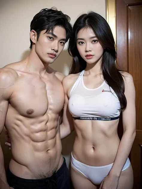 a man and a woman, ancient room, age difference, appearance difference, trang phục cổ trang nóng bỏng, antique hairstyle, body, ((18 year old man, wear official uniform, muscle, 6-pack abs, broad shoulders, eo hẹp, handsome masculine face, nude ((Chi tiết ...