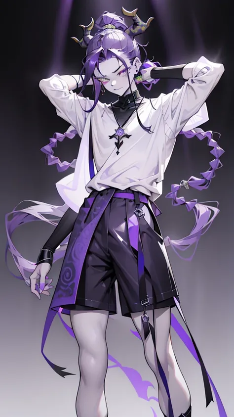 cheerful boy with open forehead. dark purple hair braided in a ponytail on the left side to one side. sinuous black horns wrapped in dark purple ribbon. pale violet eyes. in short dark purple shorts. long white T-shirt. dark purple knee-high socks. white l...