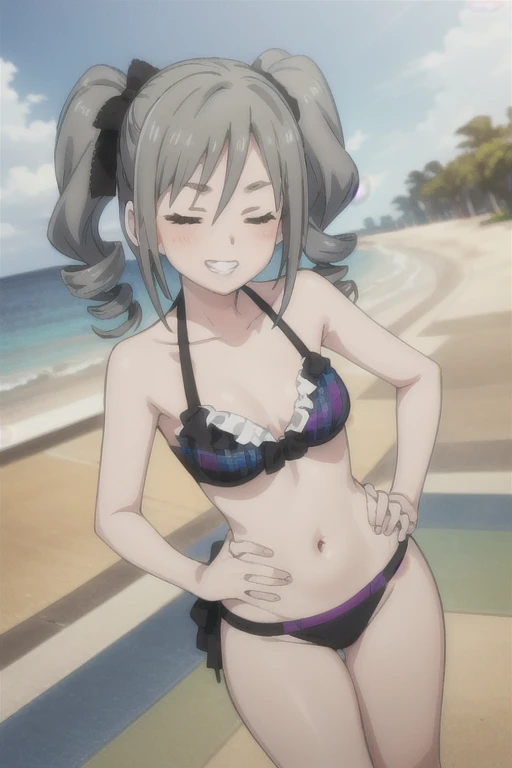 (((pixel-perfect, detail-perfect))), solo, 1girl, ranko Kanzaki, bikini, background beach, smile, grin, closed eyes, looking at viewer, hands in hips