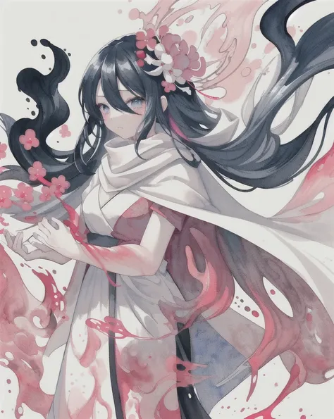 1 Girl,(蓝Long hair)),blue eyes,radish,Long hair,(loose Long hair),((White cape)),Pink scarf,Red flowers fall,Upper Body,Strong shadows,Ash,fire,ice,((Ink wAsh painting)),((ink splAshing)),((color splAshing)),