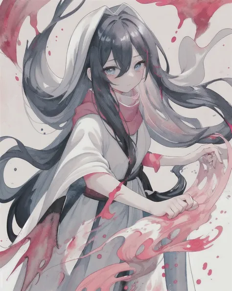 1 Girl,(蓝Long hair)),blue eyes,radish,Long hair,(loose Long hair),((White cape)),Pink scarf,Red flowers fall,Upper Body,Strong shadows,Ash,fire,ice,((Ink wAsh painting)),((ink splAshing)),((color splAshing)),