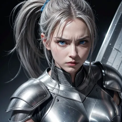 Woman, long gray hair, ponytail, silver armor, angry face, blue eyes, holding a big sword