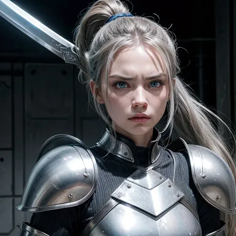 Woman, long gray hair, ponytail, silver armor, angry face, blue eyes, holding a big sword