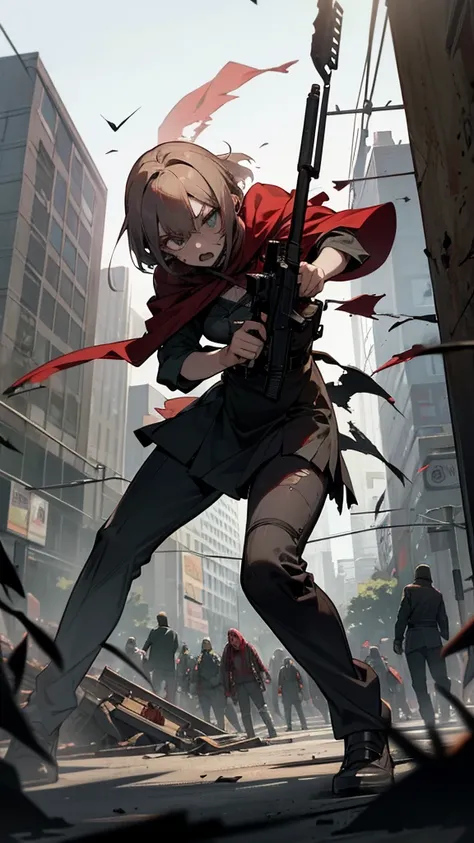 Na nova cena, the young woman with short hair and dressed in military clothes is now in a defensive position, raising an automatic weapon towards a group of slowly approaching zombies. It is positioned in the center of the street, with debris scattered aro...