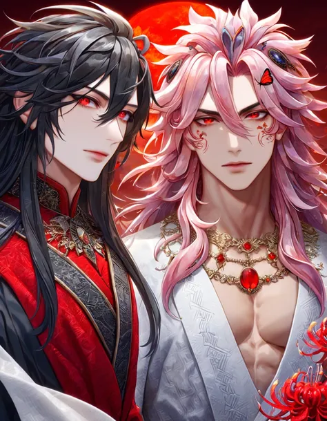 absurdres, highres, ultra detailed, HDR, master piece, best quality, extremely detailed face, delicated features, Xue Yu, untamed spiky hair, black hair, long hair, hair between the eyes, expressive red eyes, Thousand Years War, Ryoumen Sukuna, pink hair, ...