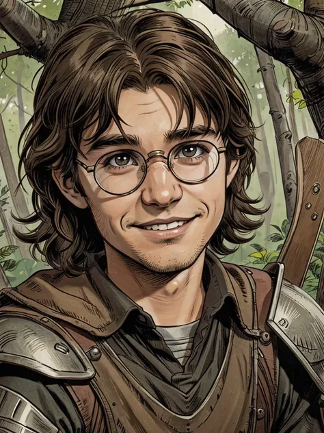 shaggy brown hair nerd kid wearing knight armor, happy face, appeasing expression, circle glasses, 12 years old, english, harry potter like, innocent, simple forest background