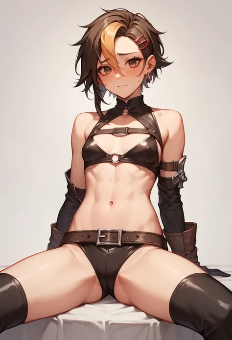 (Ellen 18-years-old, short dark layered hair, Brown-eyed, small breast:1.0), hair clips 
Rogue outfit, half undressed, spread legs, sitting, embarrassed, groin , at fantasy dungeon 