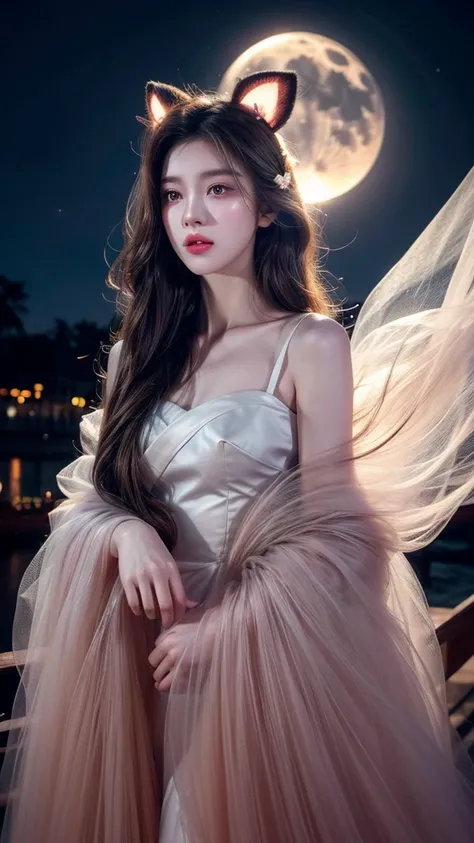 Long flowing brown hair，Fluorescent eyeshadow，Glowing pale eyes，Moon，Demon-free，Plush ears，moonlight，Flowing tulle，Best picture quality，Transparent flowers，Gradient petals，Flower hairpin，Noodles