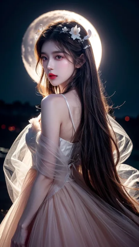 Long flowing brown hair，Fluorescent eyeshadow，Glowing pale eyes，Moon，Demon-free，Plush ears，moonlight，Flowing tulle，Best picture quality，Transparent flowers，Gradient petals，Flower hairpin，Noodles