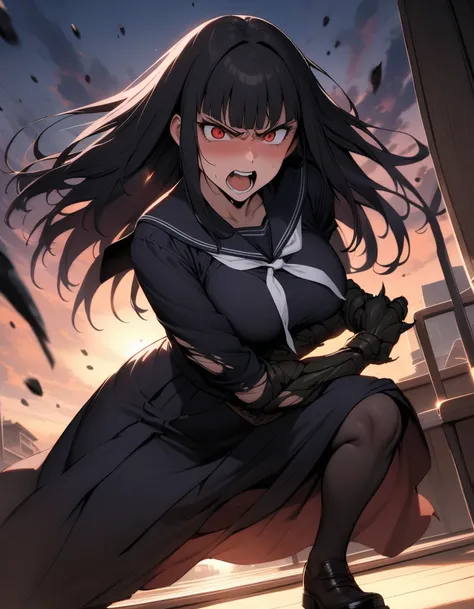 (masterpiece,best quality,very aesthetic),(ultra-detailed),nsfw,(atlach-nacha,degenerate),1girl,20yo,Statuesque,curvy,tall,long hair, black hair,straight hair,(blunt bangs),beautiful red eyes,glaring,open mouth,roaring,furious,rage,Hate,Abdominal injury,lo...