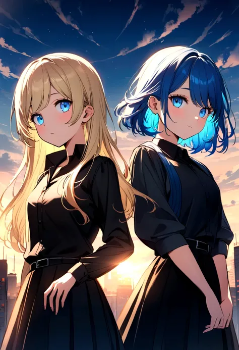 (Highest quality)half body group photo Girl 1: teenager, blue hair, blue eyes, black shirt, black skirt, The second girl, a teenager, bright yellow hair, blue eyes, black suit shirt, black skirt.,Girl 3: Teenager, light blond hair, blue eyes, black suit sh...