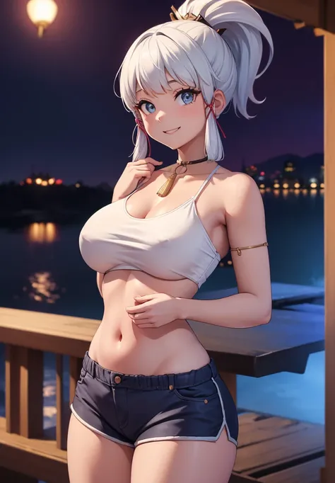 Masterpiece, high quality, 8k, ultra detail, ((kamisatoayakarnd)) standing, night,outdoors, (crop top), navel, (shorts), (off shoulders:1), choker, smile, armpit, (large breast), (nude arm)