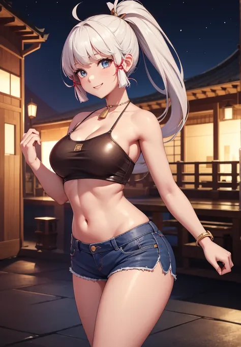 Masterpiece, high quality, 8k, ultra detail, ((kamisatoayakarnd)) standing, night,outdoors, (crop top), navel, (shorts), (off shoulders:1), choker, smile, armpit, (large breast), (nude arm)