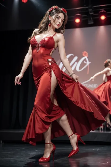 A sixty year old woman wearing a long red dress with red high heels a red rose in her hair red nails slowly dancing danzón 