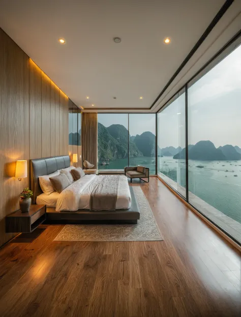 Raw photo,Masterpiece, high quality, best quality, authentic, super detail, interior, indoors, ((bedroom style modern luxury)), view sea halong bay , sunset, day light, bed, lamp, carpet, bedside cabinets, flower vase, wooden floor ,glass windows, downligh...