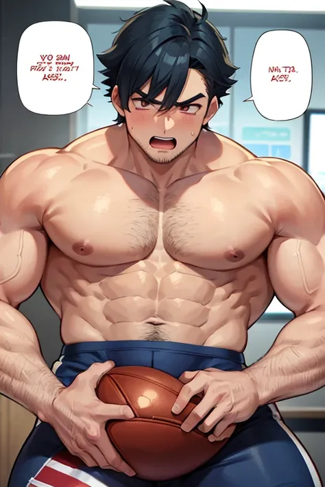 Ash Ketchum and from Pokémon flexing his biceps in a coachs office at the coachs orders under hypnosis with glowing red eyes as he grows into big dumb sweaty hairy muscular football jock bro. Flat top buzzcut haircut. Hyper muscles. Massive muscles. Big bi...