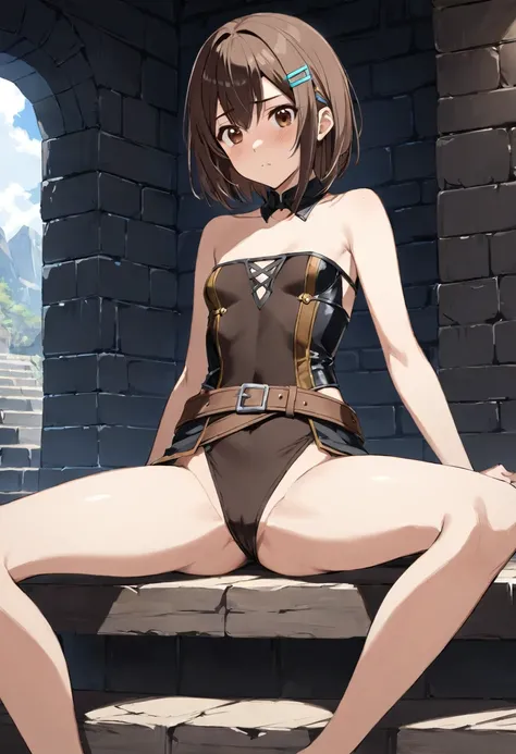 (Ellen 18-years-old, short dark layered hair, Brown-eyed, small breast:1.0), hair clips 
Rogue outfit, half undressed, spread legs, sitting, embarrassed, groin , at fantasy dungeon 