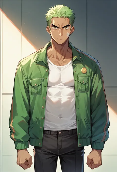 Zoro anime student wearing black pants and a green jacket standing in front of a gym