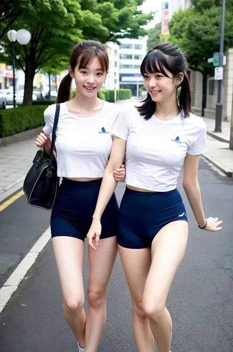 2 girls walking in Japanese city,white plain t-shirt with blue trim,navy blue speedo swimming briefs,school bag,18-year-old,bangs,a little smile,large bare thighs,knees,legs apart,short hair with low pigtails,from before,front light