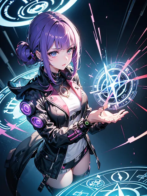 a girl，Magician，((Fashionable clothing))，((Cyberpunk style))，((magic circle))，bud，crystal，spark，Water Flow，((Multi-element))，wave，((Super detailed))，((Rendering))，best picture