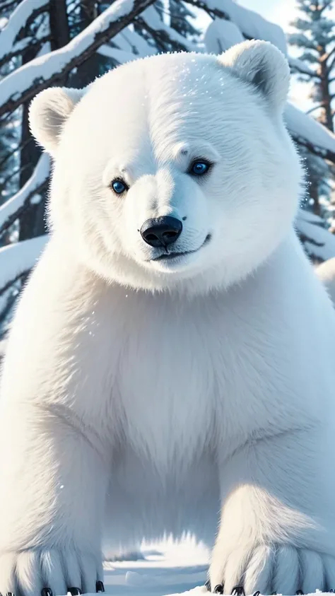 Generate a charming and adorable miniature polar bear in a winter wonderland. The polar bear should be small, fluffy, and playful, with bright eyes and a friendly expression. Surround the bear with snow-covered trees, sparkling ice, and a clear blue sky. A...