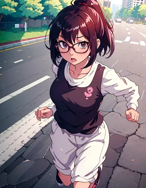 Marathon runner,cute,Anime girl with glasses running down the road, Anime girl running, Smooth anime CG art, Anime Moe Art Style, Running pose, Enchanting anime girl, chic, makoto shinka, Gwaiz, , Photorealistic anime girl rendering, Realistic Anime 3D Sty...