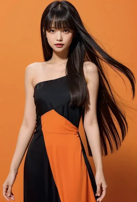 1girl,hair with bangs,black long dress,orange background,