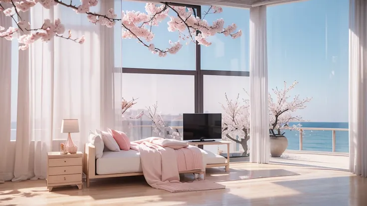 A screen is placed among the peach blossom branches，television ，monitor，Sky，White peach blossoms，television产品渲染，White and pale pink shades，3d，OC Renderer，High quality local rendering, Clean 3D Rendering，Hyper-realistic 3D rendering