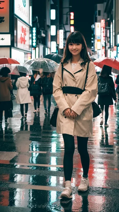 A Japanese girl in her twenties walking through the rainy streets of Tokyo