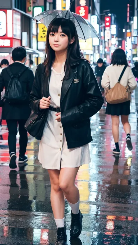 A Japanese girl in her twenties walking through the rainy streets of Tokyo