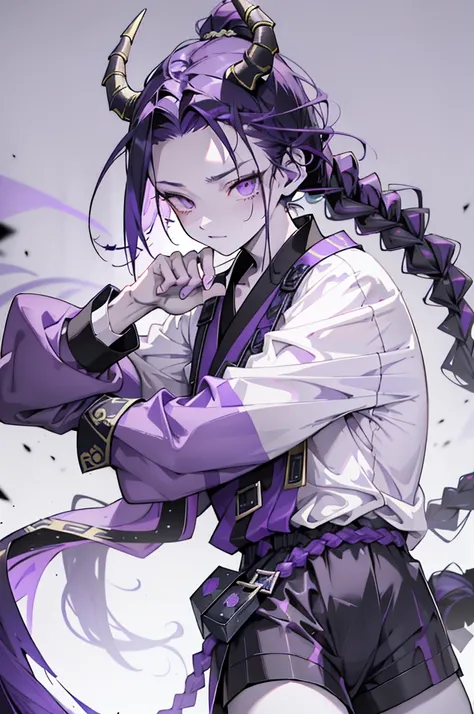 cheerful boy with open forehead. dark purple hair braided in a ponytail on the left side to one side. sinuous black horns wrapped in dark purple ribbon. pale violet eyes. in short dark purple shorts. long white T-shirt. dark purple knee-high socks. white l...