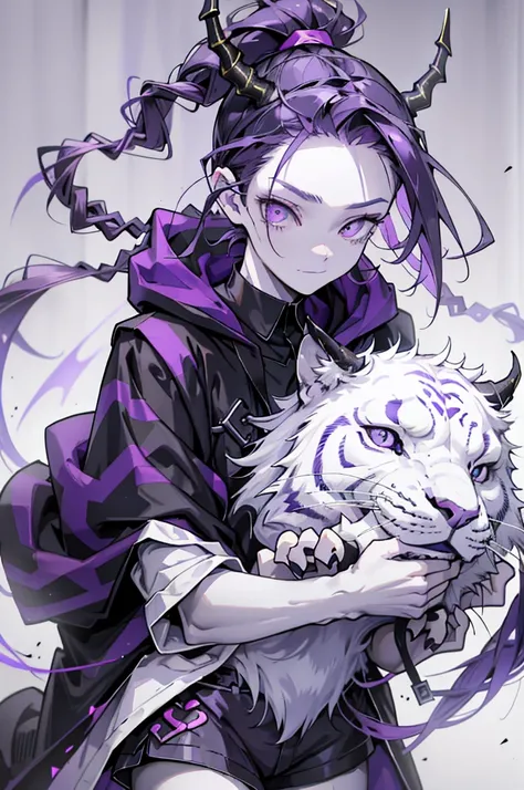 cheerful boy with open forehead. dark purple hair braided in a ponytail on the left side to one side. sinuous black horns wrapped in dark purple ribbon. pale violet eyes. in short dark purple shorts. long white T-shirt. dark purple knee-high socks. white l...