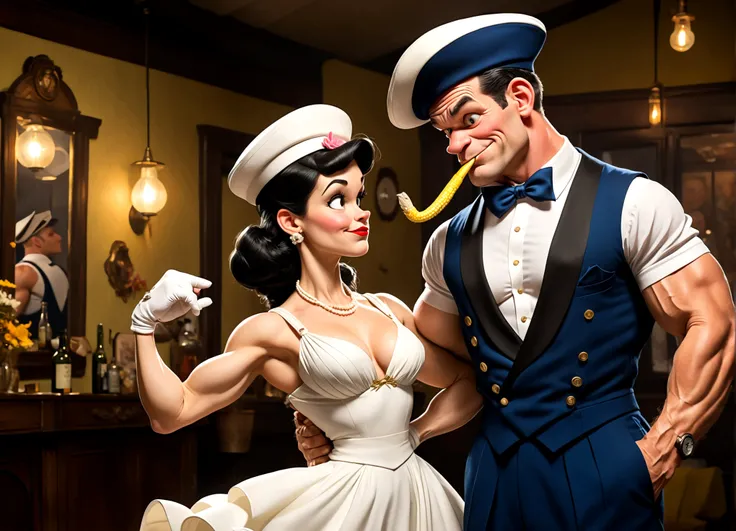 Popeye ((not pretty, rugged, huge forearms,) corncob pipe, sailor hat, cheap tuxedo) and Olive Oil (skinny, lavish evening dress with a plunging back) are celebrating their wedding anniversary dancing the Charleston, dance hall
