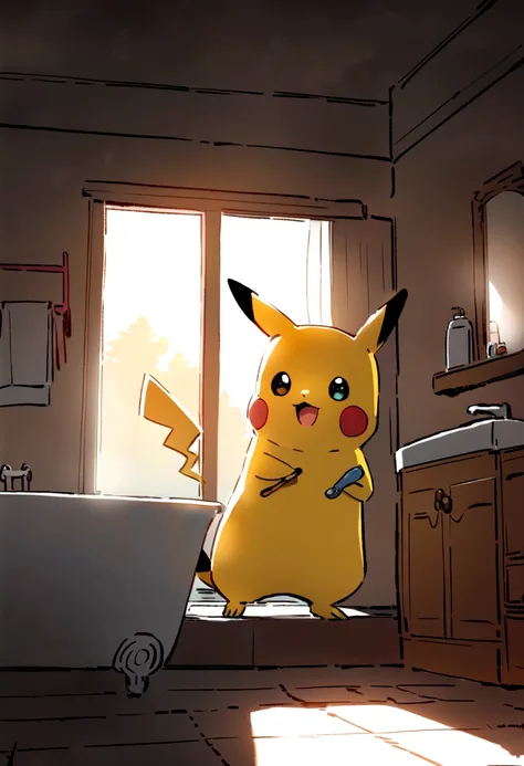 Illustrate a cute scene of Pikachu washing its face in the bathroom or brushing its teeth as part of a morning routine