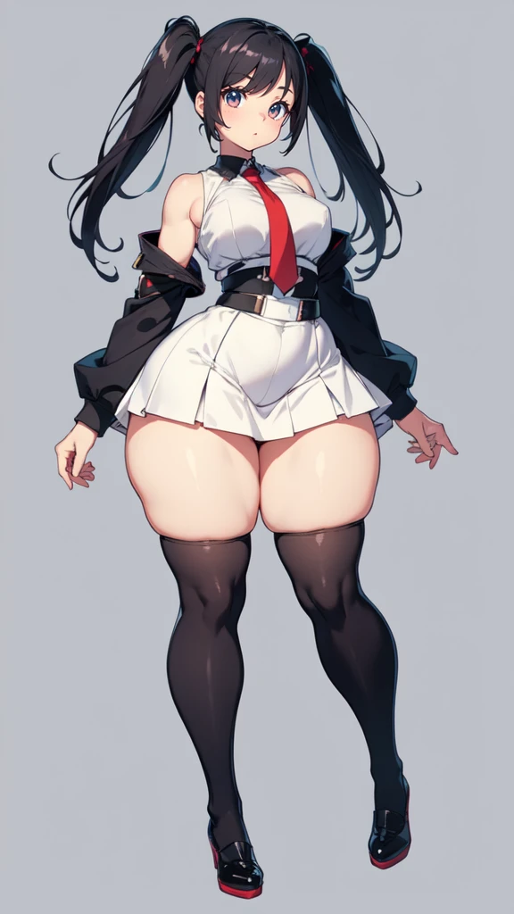 blank background, (((full body))), (masterpiece), ((best quality)), (very short girl), flat chest, short twintail, (wide hips:1.4), (thick thighs:1.4), (very short skirt), toeless footwear