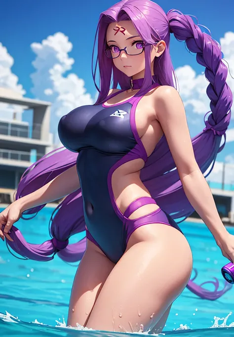 1girl, best quality, masterpiece, high resolution, solo, {blue school swimsuit:1.40}, {short school swimsuit:1.20}, {medusa_fgo:1.15}, long_hair, purple_hair, very_long_hair, purple_eyes, breasts, big_breasts, swimming pool, pool, de pie, school swimsuit.