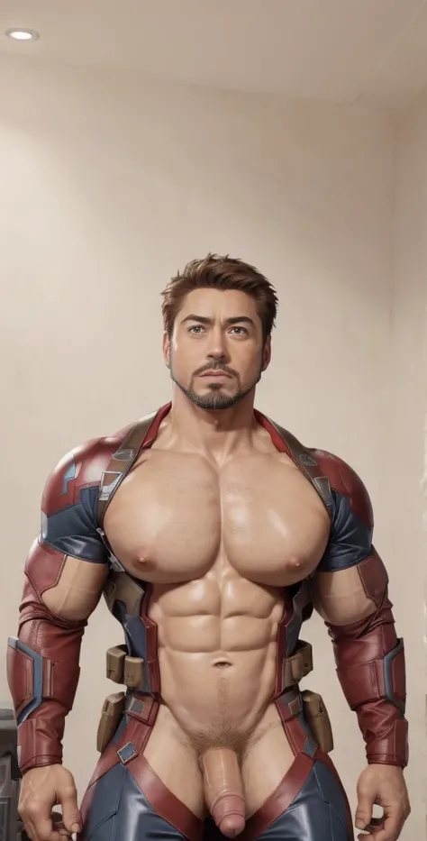 1boy, Tony Stark, solo, facial hair,34 yrs old, dom, male focus, flaccid penis, pectorals, bara, muscular, mature male, muscular male, abs, beard, ring nipples, short hair, navel, stomach, large pectorals, thick eyebrows, bare pectorals, fair-skinned male,...