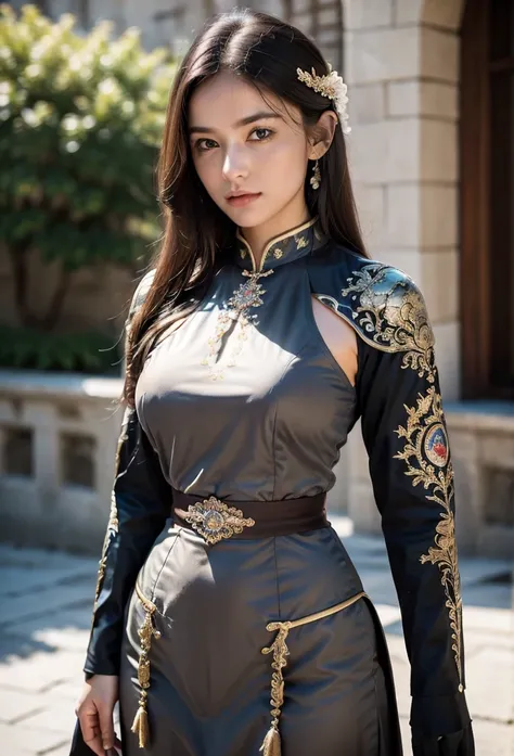 (masterpiece), (extremely intricate:1.3),(realistic), portrait of a girl, the most beautiful in the world, (medieval armor), metal reflections, upper body, outdoors, intense sunlight, far away castle, professional photograph of a stunning woman detailed, s...