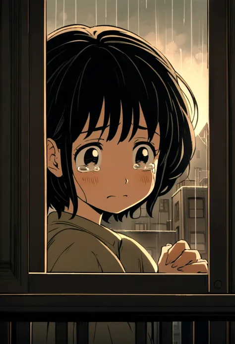 A girl with short black hair, holding her head in tears and looking at the city through an open window on a rainy day. The anime style features soft lighting, emotional expression, a melancholy atmosphere, and dark tones. in the style of Studio Ghibli.