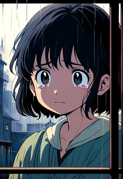 A girl with short black hair, holding her head in tears and looking at the city through an open window on a rainy day. The anime style features soft lighting, emotional expression, a melancholy atmosphere, and dark tones. in the style of Studio Ghibli.