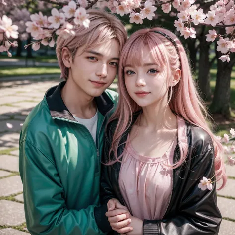 The image is an illustration of a couple under cherry blossom trees. El personaje femenino tiene una larga melena rubia y ojos verdes brillantes. Smiles and rests his head on the chest of the male character. She is wearing a light pink shirt and cherry blo...