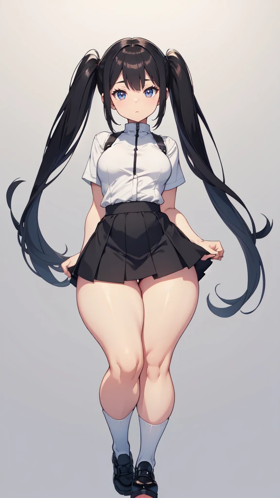 blank background, (((full body))), (masterpiece), ((best quality)), (very short girl), flat chest, short twintail, (wide hips:1.4), (thick thighs:1.4), (very short skirt), toeless footwear