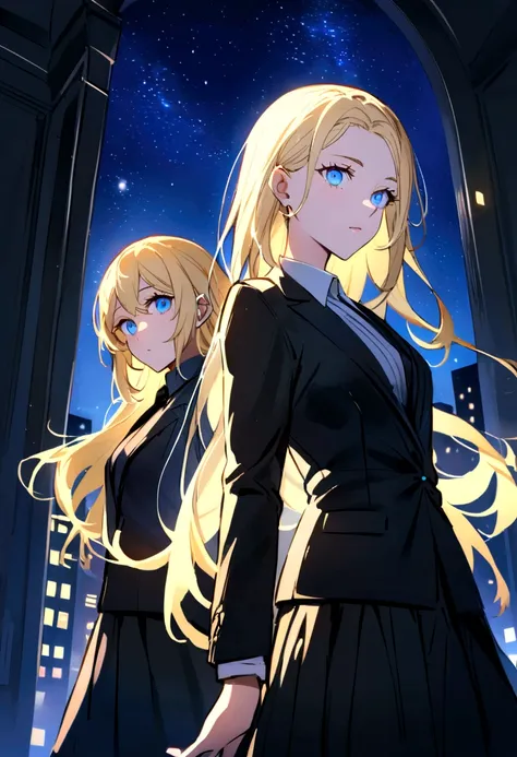 (Highest quality)facial details,group,Half body girl, long hair, blue sky, blue eyes, black suit shirt, black skirt., Middle-aged woman, bright yellow long hair, blue eyes, black suit jacket, black skirt,Teenage woman, light blonde long hair, blue eyes, bl...