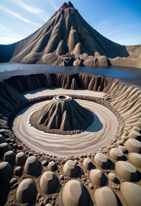 sand sculpture style,  volcano giant stands beside lava lake，the whole body is made of hot rocks，every time you step on the grou...