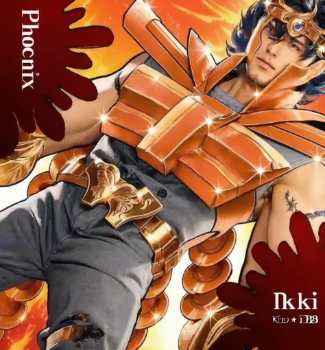 Realistic photo, Young European man, Muscular, anime character with a fire in the background, official art, phoenix, phoenix warrior, jellyfish phoenix, promo art, wallpaper!, joseph joestar, saint seiya, full color manga cover, 8k!!, the phoenix, official...