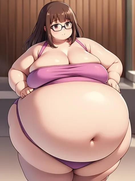 Anime Girls, Brown Hair, Long Hair, Afro、Glasses、Brown eyes, Are fat、Chubby、Voluptuous、obesity