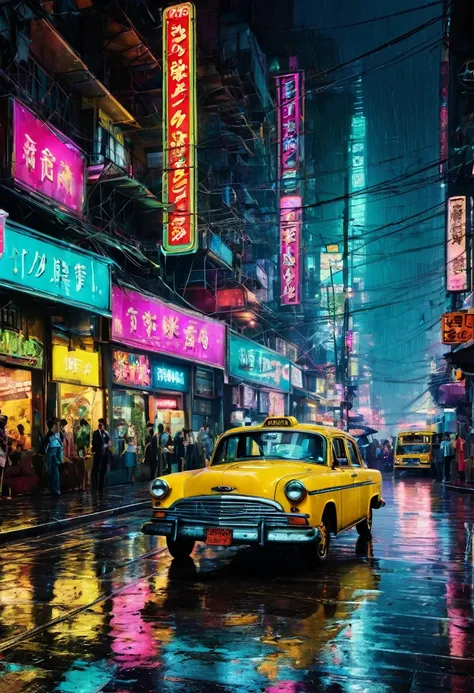 Imagine a bustling cityscape at night, alive with the vibrant glow of neon signs reflecting off rain-slicked streets, bustling with taxis and pedestrians.