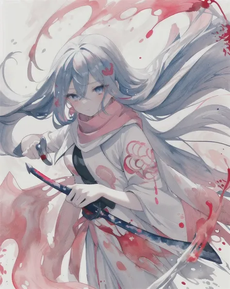 1 Girl,(蓝Long hair)),blue eyes,radish,Long hair,(loose Long hair),((White cape)),Pink scarf,Holding a long sword，Red flowers fall,Upper Body,Strong shadows,Ash,fire,ice,((Ink wAsh painting)),((ink splAshing)),((color splAshing)),